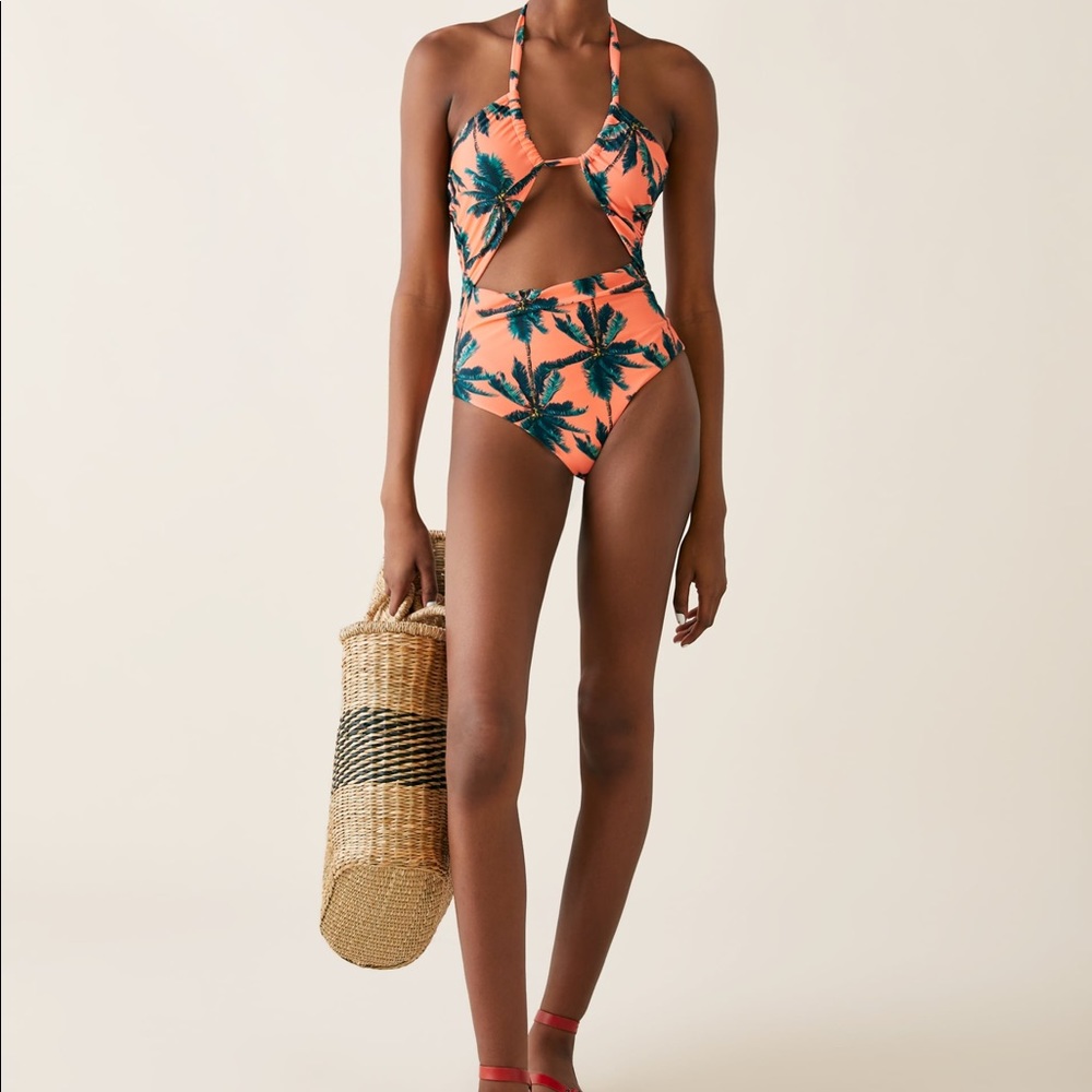 Z A R A. Orange Palm Printed One Piece  Swimsuit